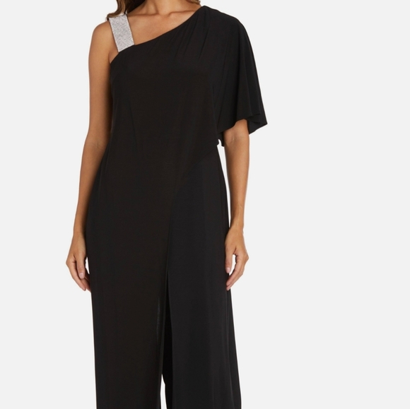 K&M Richards Asymmetric Jumpsuit with Overlay and Rhinestone Shoulder Strap - Picture 2 of 12